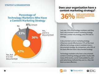 SPONSORED BY
8
STRATEGY  ORGANIZATION
Does your organization have a
content marketing strategy?
Last year, 33% of technolo...