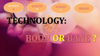 TECHNOLOGY:
BOON OR BANE ?
ACTIVITY
A
ACTIVITY
B
ACTIVITY
C
PROCESS
 