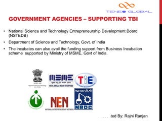 Presented By: Rajni Ranjan
GOVERNMENT AGENCIES – SUPPORTING TBI
• National Science and Technology Entrepreneurship Development Board
(NSTEDB)
• Department of Science and Technology, Govt. of India
• The incubates can also avail the funding support from Business Incubation
scheme supported by Ministry of MSME, Govt of India.
 