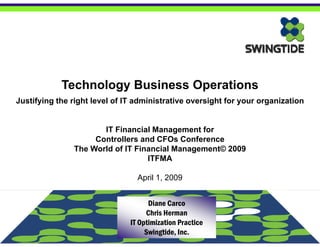Technology Business Operations
Justifying the right level of IT administrative oversight for your organization


                               IT Financial Management for
                             Controllers and CFOs Conference
                        The World of IT Financial Management© 2009
                                           ITFMA

                                                     April 1, 2009


                                                                  Diane Carco
                                                                Chris Herman
                                                          IT Optimization Practice
                                                               Swingtide, Inc.
TBO and Setting the Right Level of IT Finance Controls: ITFMA 04-01-2009
                            Slide1
 