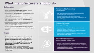 3
Carl McInerney Limited 2021. All rights reserved
Research and curation by Carl McInerney
What manufacturers should do
Transformed by Technology
Controlling the data
• Fully developed and coordinated transformation strategy,
coupled with a data-driven approach
• Empowered to extract insight and act decisively
• The right partners selected, having a deep understanding of
your challenges
Powered by People
Making sense of the data
• Understanding of the key talent trends and the skills and
capabilities needed to succeed
• Investment decisions to build in-house strategic capabilities
balanced with outsourced requirement
• Customer centric collaborative approach to drive action that
pulls the supply chain forward
Resilient and Responsive
Achieving sustainable, profitable growth
• Adoption of technology and capability is the ultimate outcome
• Insights integrated into workflows and processes, user friendly
interfaces and platforms created
• Capability to adapt and respond to new competitors, technology,
political and environmental events
Collaboration
1.Access insights and global best practice through
experts and industry wide partnerships
2.Benchmark your strengths and weaknesses relative
to peer organisations to set out a strategy and direct
investments for the best return
3.Exploit collaborative, multi-disciplinary teams to help
your organisation learn, grow and unlock value for
your customers
4.Leverage the full business and technology expertise of
agents, including higher education institutes, to
implement at speed and scale
5.Develop a pioneering digital technology strategy,
allowing you to be a strategic partner of choice for global
customers
Impact
• Businesses with high-performing supply chains and
deep collaborative relationships are given earlier
access to create value with their customers
• This new value paves the way for supply chain
improvements unlocking significant cost saving,
commercial growth and improvements to
quality/service
• Global shocks such as Covid-19, place greater
challenges on supply, technology and strong customer
collaboration helps build in resilience and flexibility
for the future
 