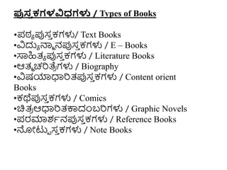 ಪುಸ್
ತ ಕಗಳವಿಧ್ಗಳು / Types of Books
•ಪಠ್ಾ ಪ್ಪಸ
ು ಕಗಳು/ Text Books
•ವಿದುಾ ನ್ಮಾ ನಪ್ಪಸ
ು ಕಗಳು / E – Books
•ಸಾಹಿತ್ಾ ಪ್ಪಸ
ು ಕಗಳು / Literature Books
•ಆತ್ಾ ಚರತೆ
ರ ಗಳು / Biography
•ವಿಷಯಾಧಾರತ್ಪ್ಪಸ
ು ಕಗಳು / Content orient
Books
•ಕಥೆಪ್ಪಸ
ು ಕಗಳು / Comics
•ಚಿತ್
ರ ಆಧಾರತ್ಕ್ಕದಂಬರಗಳು / Graphic Novels
•ಪರಮಾಶಾನಪ್ಪಸ
ು ಕಗಳು / Reference Books
•ನ್ನೋಟುಾ ಸ
ು ಕಗಳು / Note Books
 