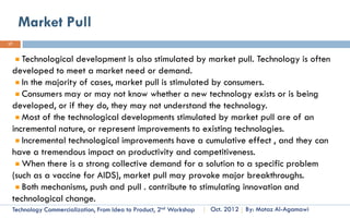 Change Associated with Type of Innovation
17




      Innovation                        Component                               System
      Incremental                       Improved                                No Change
      Modular                           New                                     No Change
      Architectural                     Improved                                New Configuration/
                                                                                Architecture
      Radical                           New                                     New Configuration/
                                                                                Architecture


      Technology Commercialization, Part One   Essential Concepts and How to?     By: Motaz Al-Agamawi
 