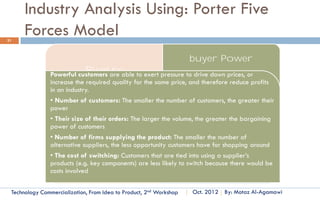 Example
31




     Ceramics, which have higher operating temperatures
         and substitute for metals used in internal combustion engines;
         the newer technology permits better performance of the engines.
         The performance of the engines can continue to improve as a result of a
      sequence of newer technologies, each with a higher limit of the performance
      parameter of interest.




       Technology Commercialization, Part One   Essential Concepts and How to?   By: Motaz Al-Agamawi
 