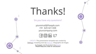 CREDITS: This presentation template was created by
Slidesgo, including icons by Flaticon, infographics & images
by Freepik and illustrations by Stories
Thanks!
Do you have any questions?
youremail@freepik.com
+91 620 421 838
yourcompany.com
Please keep this slide for attribution
 