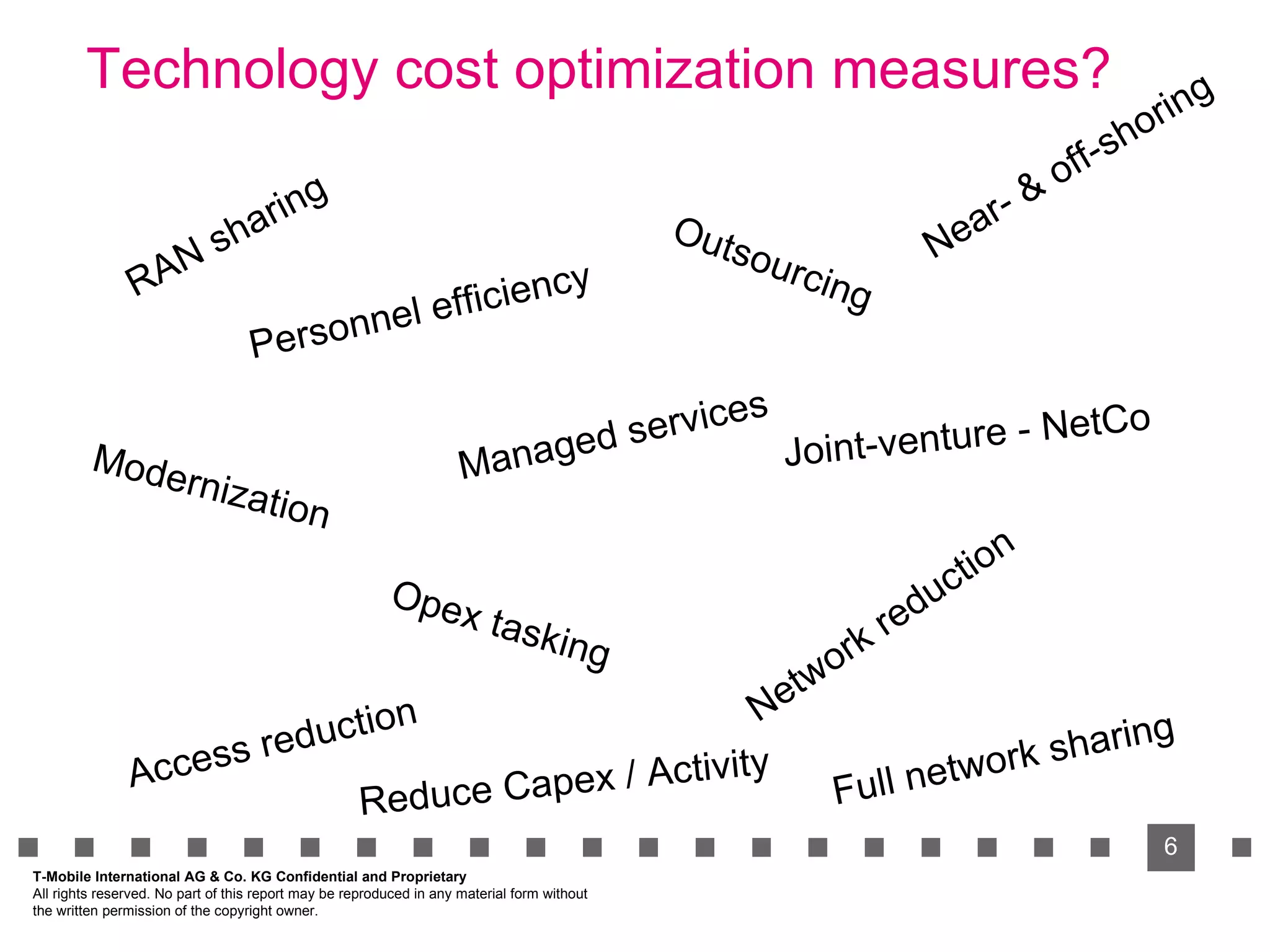 Technology cost optimization measures? Outsourcing RAN sharing Personnel efficiency Network reduction Opex tasking Joint-venture - NetCo Near- & off-shoring Full network sharing Managed services Modernization Access reduction T-Mobile International AG & Co. KG Confidential and Proprietary All rights reserved. No part of this report may be reproduced in any material form without  the written permission of the copyright owner. Reduce Capex / Activity 
