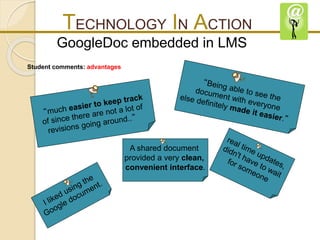 TECHNOLOGY IN ACTION 
GoogleDoc embedded in LMS 
Student comments: advantages 
A shared document 
provided a very clean, 
convenient interface. 
 