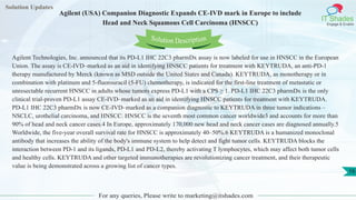 Solution Updates
IT Shades
Engage & Enable
Agilent (USA) Companion Diagnostic Expands CE-IVD mark in Europe to include
Head and Neck Squamous Cell Carcinoma (HNSCC)
For any queries, Please write to marketing@itshades.com
16
Solution Description
Agilent Technologies, Inc. announced that its PD-L1 IHC 22C3 pharmDx assay is now labeled for use in HNSCC in the European
Union. The assay is CE-IVD–marked as an aid in identifying HNSCC patients for treatment with KEYTRUDA, an anti-PD-1
therapy manufactured by Merck (known as MSD outside the United States and Canada). KEYTRUDA, as monotherapy or in
combination with platinum and 5-fluorouracil (5-FU) chemotherapy, is indicated for the first-line treatment of metastatic or
unresectable recurrent HNSCC in adults whose tumors express PD-L1 with a CPS ≥ 1. PD-L1 IHC 22C3 pharmDx is the only
clinical trial-proven PD-L1 assay CE-IVD–marked as an aid in identifying HNSCC patients for treatment with KEYTRUDA.
PD-L1 IHC 22C3 pharmDx is now CE-IVD–marked as a companion diagnostic to KEYTRUDA in three tumor indications –
NSCLC, urothelial carcinoma, and HNSCC. HNSCC is the seventh most common cancer worldwide3 and accounts for more than
90% of head and neck cancer cases.4 In Europe, approximately 170,000 new head and neck cancer cases are diagnosed annually.5
Worldwide, the five-year overall survival rate for HNSCC is approximately 40–50%.6 KEYTRUDA is a humanized monoclonal
antibody that increases the ability of the body's immune system to help detect and fight tumor cells. KEYTRUDA blocks the
interaction between PD-1 and its ligands, PD-L1 and PD-L2, thereby activating T lymphocytes, which may affect both tumor cells
and healthy cells. KEYTRUDA and other targeted immunotherapies are revolutionizing cancer treatment, and their therapeutic
value is being demonstrated across a growing list of cancer types.
 