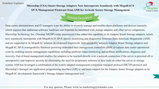 Solution Updates
IT Shades
Engage & Enable
Microchip (USA) Smart Storage Adapters Now Interoperate Seamlessly with MegaRAC®
SP-X Management Firmware from AMI for At-Scale Secure Storage Management
For any queries, Please write to marketing@itshades.com
32
Solution Description
Data center administrators and IT managers want the ability to securely manage and trouble-shoot platforms and devices remotely,
which requires that additional software, hardware and firmware be interfaced with storage adapters and other server components.
Microchip Technology Inc. (Nasdaq: MCHP) today announced it has added this capability to its Adaptec Smart Storage adapters, which
now seamlessly interoperate with MegaRAC® SP-X remote monitoring and diagnostics firmware from American Megatrends (AMI)
and are supported in its MegaRAC solution development framework. Interoperability between Adaptec Smart Storage adapters and
MegaRAC SP-X manageability firmware powering embedded base management controllers (BMCs) reduces data center operational
costs by enabling remote management capabilities including platform status monitoring and problem notifications, diagnosis and
recovery. Out-of-band management enables the adapters to be reached directly over a network connection if the server is powered off or
unresponsive and improves security by eliminating the need for proprietary software or host tools on either the server or storage
system. AMI has leveraged a combination of the widely adopted management component transport protocol (MCTP) protocol and
Microchip’s StorageCore application programming interface (API) to add basic support for the Adaptec Smart Storage adapters in its
MegaRAC development framework’s Storage Adapter management tool.
 