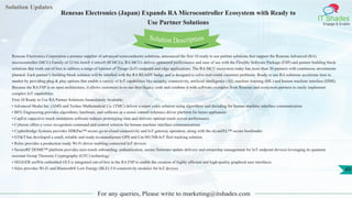 Solution Updates
IT Shades
Engage & Enable
Renesas Electronics (Japan) Expands RA Microcontroller Ecosystem with Ready to
Use Partner Solutions
For any queries, Please write to marketing@itshades.com
49
Solution Description
Renesas Electronics Corporation a premier supplier of advanced semiconductor solutions, announced the first 10 ready to use partner solutions that support the Renesas Advanced (RA)
microcontroller (MCU) Family of 32-bit Arm® Cortex®-M MCUs. RA MCUs deliver optimized performance and ease of use with the Flexible Software Package (FSP) and partner building block
solutions that work out-of-box to address a range of Internet of Things (IoT) endpoint and edge applications. The RA MCU ecosystem today has more than 30 partners with continuous investments
planned. Each partner’s building block solution will be labelled with the RA READY badge and is designed to solve real-world customer problems. Ready to use RA solutions accelerate time to
market by providing plug & play options that enable a variety of IoT capabilities like security, connectivity, artificial intelligence (AI), machine learning (ML) and human machine interface (HMI).
Because the RA FSP is an open architecture, it allows customers to re-use their legacy code and combine it with software examples from Renesas and ecosystem partners to easily implement
complex IoT capabilities.
First 10 Ready to Use RA Partner Solutions Immediately Available:
• Advanced Media Inc. (AMI) and Techno Mathematical Co. (TMC) deliver a smart voice solution using algorithms and decoding for human machine interface communication
• BFG Engineering provides algorithms, hardware, and software in a motor control reference driver platform for home appliances
• CapExt capacitive touch simulation software reduces prototyping time and delivers optimal touch screen performance
• Cyberon offers a voice recognition command and control solution for human machine interface communications
• Cypherbridge Systems provides SDKPac™ secure go-to-cloud connectivity and IoT gateway operation, along with the uLoadXL™ secure bootloader
• GT&T has developed a small, reliable and ready-to-manufacture GPS and Cat-M1/NB-IoT fleet tracking solution
• Reloc provides a production ready Wi-Fi driver enabling connected IoT devices
• SecureRF DOME™ platform provides zero-touch onboarding, authentication, secure firmware update delivery and ownership management for IoT endpoint devices leveraging its quantum
resistant Group Theoretic Cryptography (GTC) technology
• SEGGER emWin embedded GUI is integrated out-of-box in the RA FSP to enable the creation of highly efficient and high-quality graphical user interfaces
• Silex provides Wi-Fi and Bluetooth® Low Energy (BLE) 5.0 connectivity modules for IoT devices
 