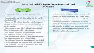 Financial, M&A Updates
IT Shades
Engage & Enable
Analog Devices (USA) Reports Fourth Quarter and Fiscal
2019 Results
• Revenue was $1.44 billion for the fourth quarter and $6 billion for
fiscal 2019
• Operating cash flow was $2.3 billion and free cash flow was $2
billion for fiscal 2019
• Returned over $370 million to shareholders in the fourth quarter,
and nearly $1.4 billion for fiscal 2019 or over 120% of free cash flow
after debt payments
• Diluted earnings per share of $0.74 in Fourth Quarter. Adjusted
Diluted earnings per share of $1.19 in fourth quarter.
• Gross Margin of $942 million in Fourth Quarter and Adjusted
Gross Margin of $987 million in Fourth Quarter.
• Gross margin percentage of 65.3% in Fourth Quarter and Adjusted
Gross Margin percentage of 38.8% in Fourth Quarter.
• The ADI Board of Directors has declared a quarterly cash dividend
of $0.54 per outstanding share of common stock. The dividend will
be paid on December 17, 2019 to all shareholders of record at the
close of business on December 6, 2019.
Executive Commentary
“ADI delivered solid fourth quarter and full-year results amidst
continued trade and macro uncertainty,” said President and CEO.
“Over the course of the year, we generated revenue of $6 billion
and effectively managed costs, while continuing to prioritize
strategic investments to drive innovation. Our strong margins and
cash flow reflect the resiliency of our business model, which
enabled us to return nearly $1.4 billion to shareholders, or over
120% of free cash flow after debt payments.”
Description
2
 