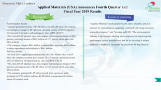 Financial, M&A Updates
IT Shades
Engage & Enable
Applied Materials (USA) Announces Fourth Quarter and
Fiscal Year 2019 Results
Fourth Quarter Results
• Applied generated revenue of $3.75 billion. On a GAAP basis, the company
recorded gross margin of 43.5 percent, operating income of $864 million or
23.0 percent of net sales, and earnings per share (EPS) of $0.75.
• On a non-GAAP adjusted basis, the company reported gross margin of 43.8
percent, operating income of $888 million or 23.7 percent of net sales, and
EPS of $0.80.
• The company returned $694 million to shareholders including $500 million
in share repurchases and dividends of $194 million.
Full Year Results
• In fiscal 2019, Applied generated revenue of $14.61 billion. On a GAAP
basis, the company recorded gross margin of 43.7 percent, operating income
of $3.35 billion or 22.9 percent of net sales, and EPS of $2.86
• On a non-GAAP adjusted basis, the company reported gross margin of 44.0
percent, operating income of $3.43 billion or 23.5 percent of net sales, and
EPS of $3.04.
• The company generated $3.25 billion in cash from operations, paid
dividends of $771 million and used $2.40 billion to repurchase 60 million
shares of common stock.
Executive Commentary
“Applied Materials’ fourth quarter results reflect a healthy uptick in
demand for semiconductor equipment, combined with strong execution
across the company,” said President and CEO. “The semiconductor
industry is increasingly adopting a new playbook for improving chip
performance, power, area and cost, and we are investing in unique
solutions to enable our customers’ success in the AI-Big Data era.”
Description
3
 