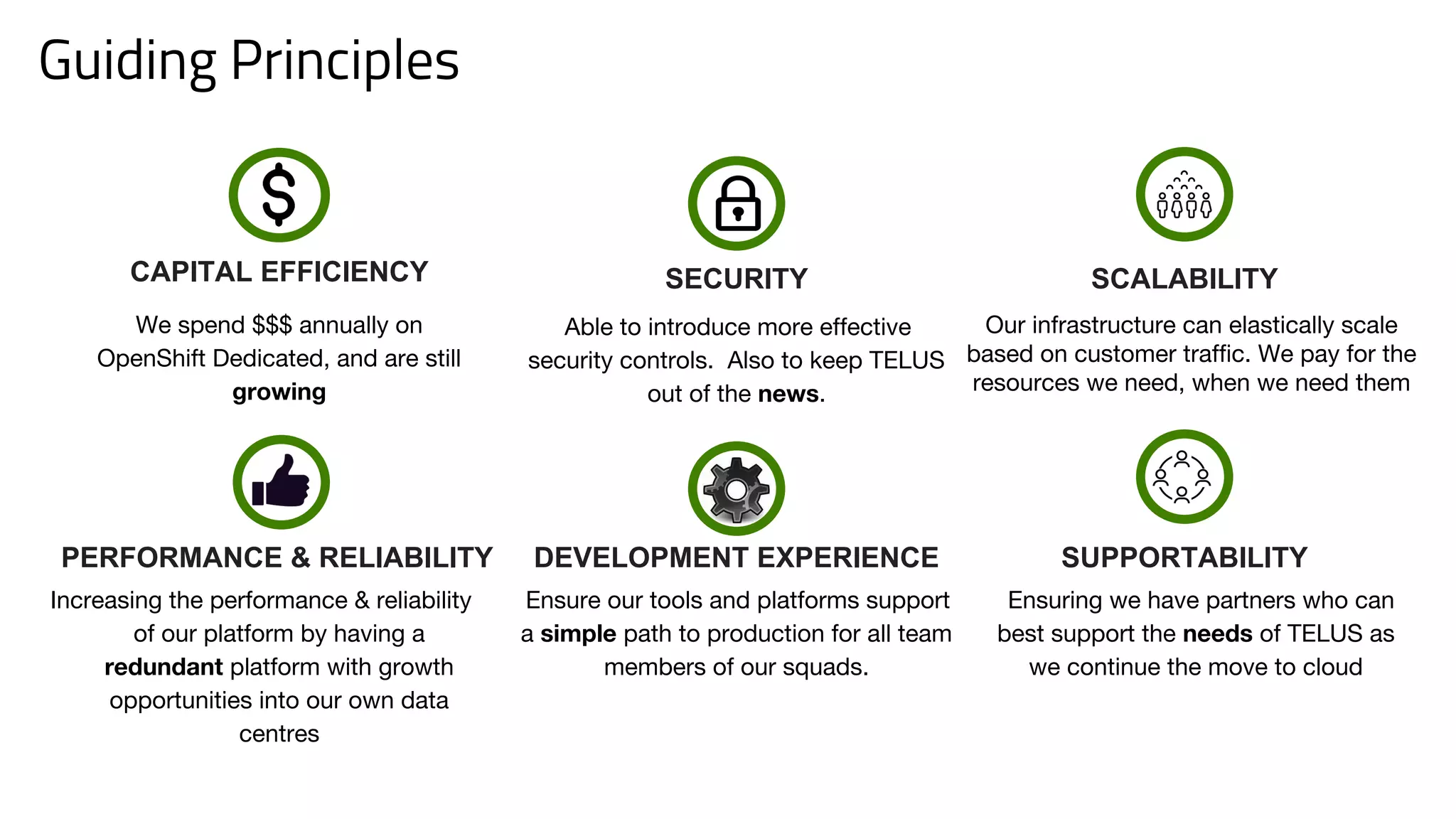 SECURITY
Able to introduce more effective
security controls. Also to keep TELUS
out of the news.
Our infrastructure can elastically scale
based on customer traffic. We pay for the
resources we need, when we need them
SCALABILITY
We spend $$$ annually on
OpenShift Dedicated, and are still
growing
CAPITAL EFFICIENCY
Guiding Principles
DEVELOPMENT EXPERIENCE
Ensure our tools and platforms support
a simple path to production for all team
members of our squads.
PERFORMANCE & RELIABILITY
Increasing the performance & reliability
of our platform by having a
redundant platform with growth
opportunities into our own data
centres
SUPPORTABILITY
Ensuring we have partners who can
best support the needs of TELUS as
we continue the move to cloud
 