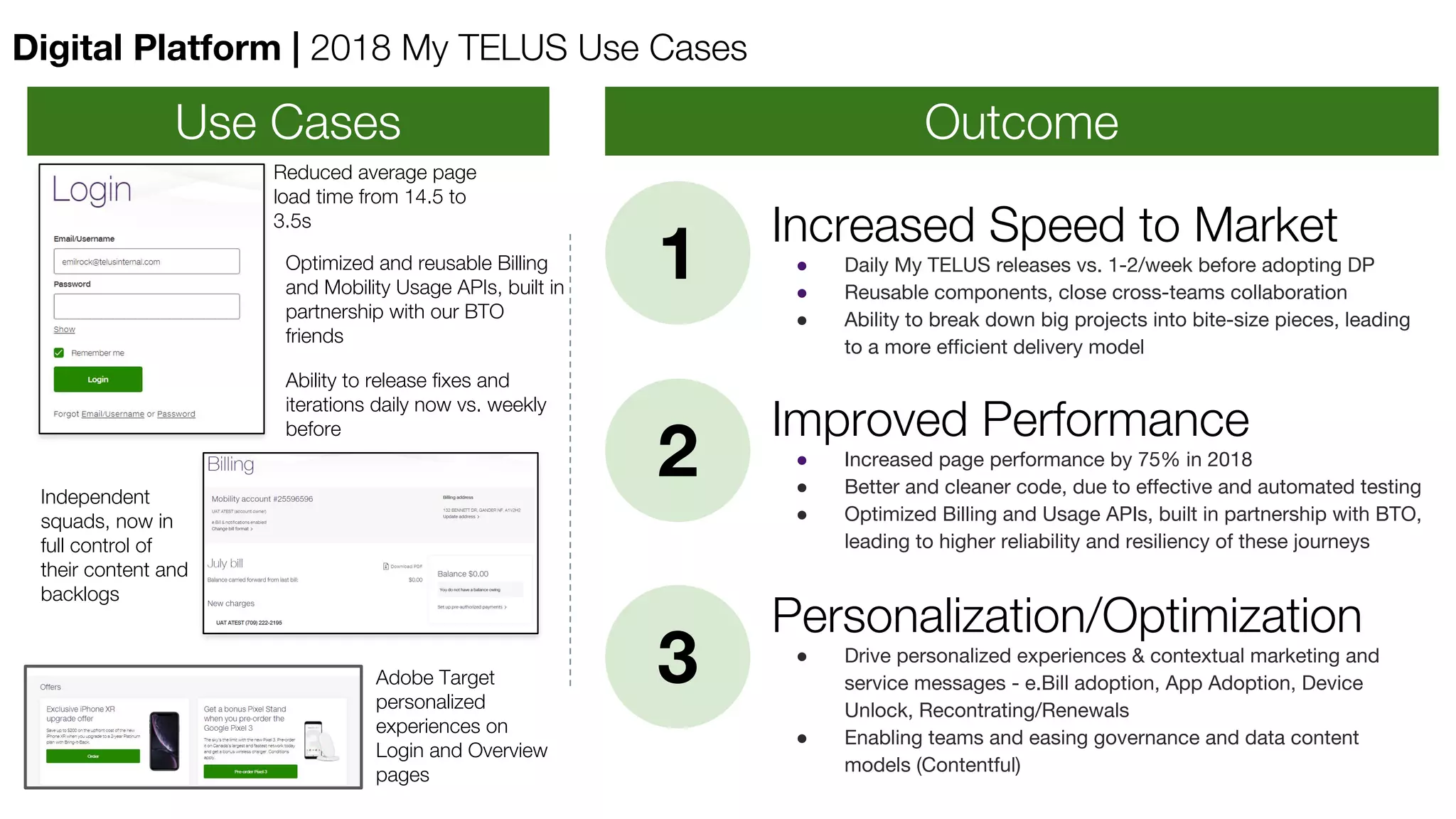 Personalization/Optimization
● Drive personalized experiences & contextual marketing and
service messages - e.Bill adoption, App Adoption, Device
Unlock, Recontrating/Renewals
● Enabling teams and easing governance and data content
models (Contentful)
1
2
3
Improved Performance
● Increased page performance by 75% in 2018
● Better and cleaner code, due to effective and automated testing
● Optimized Billing and Usage APIs, built in partnership with BTO,
leading to higher reliability and resiliency of these journeys
Increased Speed to Market
● Daily My TELUS releases vs. 1-2/week before adopting DP
● Reusable components, close cross-teams collaboration
● Ability to break down big projects into bite-size pieces, leading
to a more efficient delivery model
Use Cases Outcome
Digital Platform | 2018 My TELUS Use Cases
Reduced average page
load time from 14.5 to
3.5s
Ability to release fixes and
iterations daily now vs. weekly
before
Adobe Target
personalized
experiences on
Login and Overview
pages
Independent
squads, now in
full control of
their content and
backlogs
Optimized and reusable Billing
and Mobility Usage APIs, built in
partnership with our BTO
friends
 
