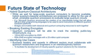 © Copyright National University of Singapore. All Rights Reserved.
Future State of Technology
• Hybrid Quantum-Classical Architectures
ᵒ While we wait for large-scale quantum computers to become available,
hybrid quantum-classical architectures are proposed to allow for the use of
small, unreliable quantum processors to evaluate large quantum circuits
- E.g. Microsoft Quantum announced the creation of an intermediate bridge that will allow
Q# and other programming languages to be used to send instructions to different quantum
hardware platforms
- Bridges and enables both classical and quantum computing resources to work together
• Breaking Existing Encryption
ᵒ Quantum computers will be able to crack the existing public-key
infrastructure, e.g.
- 128-bit AES encryption by 2029
- RSA-2048 encrypted messages with a 20-million qubit computer
• Identifying Use Cases
ᵒ Business leaders and experts in different sectors must collaborate with
quantum researchers and engineers in an interdisciplinary fashion
- To facilitate the development of industry-specific quantum solutions for the industries
Sources :
https://link.springer.com/article/10.1007/s10676-017-9438-0
https://physicsworld.com/a/quantum-technology-why-the-future-is-already-on-its-way/
https://cpb-us-w2.wpmucdn.com/voices.uchicago.edu/dist/0/2327/files/2019/12/HybridQuantumPMES.pd
https://hbr.org/2020/09/are-you-ready-for-the-quantum-computing-revolution
https://www.idginsiderpro.com/article/3532897/how-close-are-we-to-breaking-encryption-with-quantum-computing.html
 