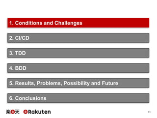 11
1. Conditions and Challenges
3. TDD
2. CI/CD
4. BDD
5. Results, Problems, Possibility and Future
6. Conclusions
 