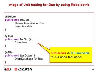 45
@Before
public void setUp() {
Create database for Test;
Insert test data;
}
@Test
public void findXxx() {
Assertions;
}
@After
public void tearDown() {
Drop Database for Test;
}
Image of Unit testing for Dao by using Robolectric
5 minutes -> 0.5 seconds
to run each test case.
 