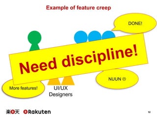 52
Example of feature creep
Business
Analyst
UI/UX
Designers
Developers
MORE!
MORE!
MORE!
More features!
DONE!
NUUN 
 