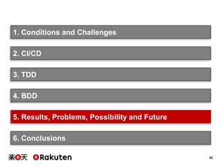 62
1. Conditions and Challenges
3. TDD
2. CI/CD
4. BDD
5. Results, Problems, Possibility and Future
6. Conclusions
 