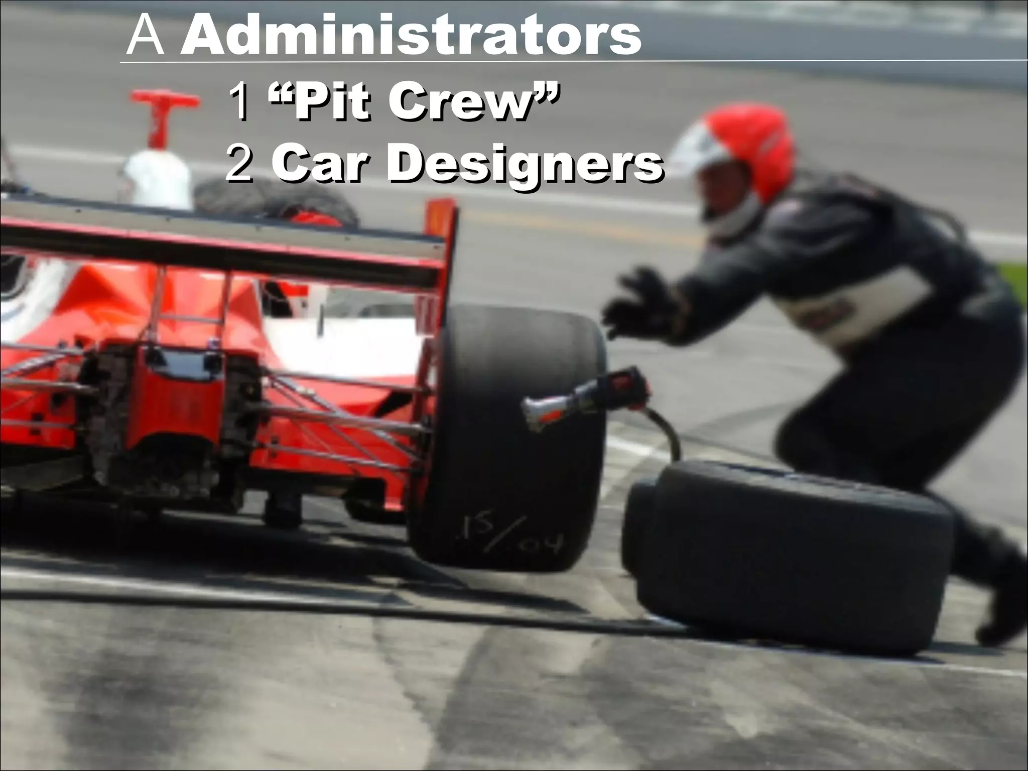1  “Pit Crew” 2  Car Designers A  Administrators 