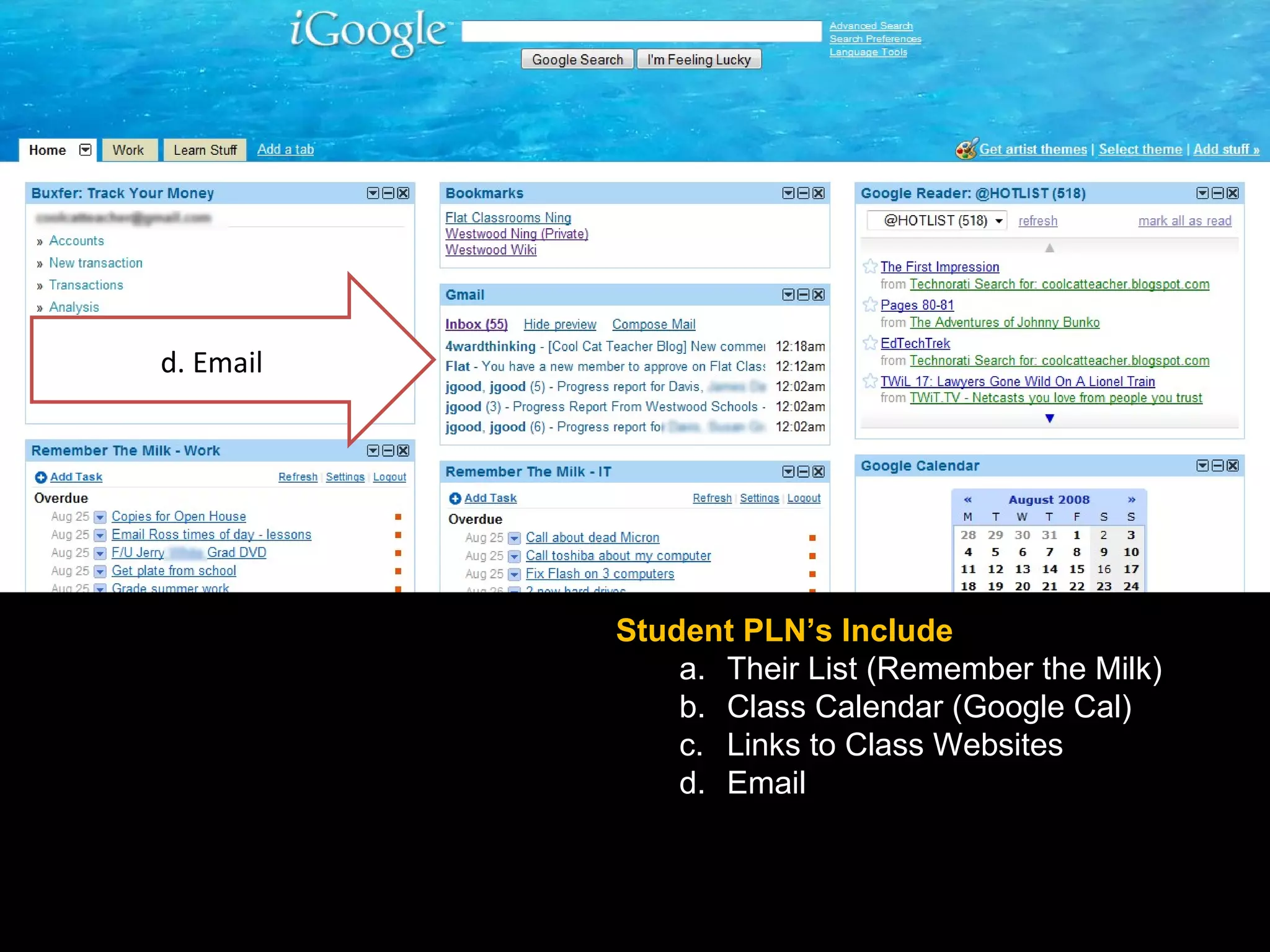 Student PLN’s Include Their List (Remember the Milk) Class Calendar (Google Cal) Links to Class Websites Email 3. Personal Learning Network (PLN) d. Email 