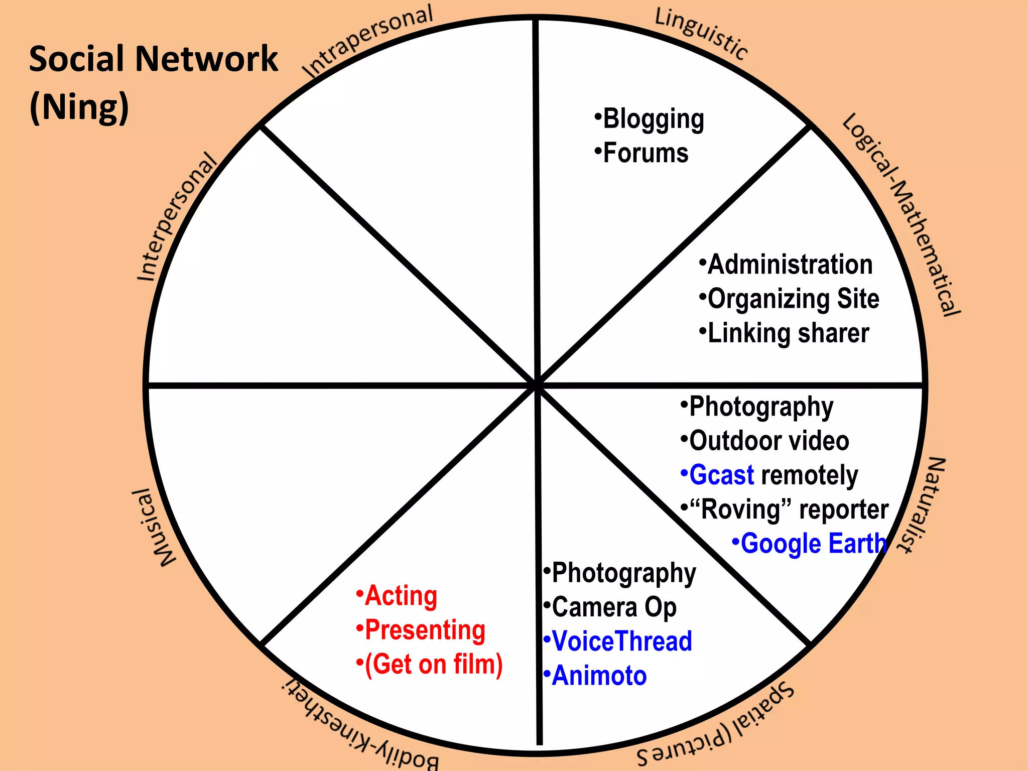 Social Network (Ning) Blogging Forums Administration Organizing Site Linking sharer Acting Presenting (Get on film) Photography Camera Op VoiceThread Animoto Photography Outdoor video Gcast  remotely “ Roving” reporter Google Earth 