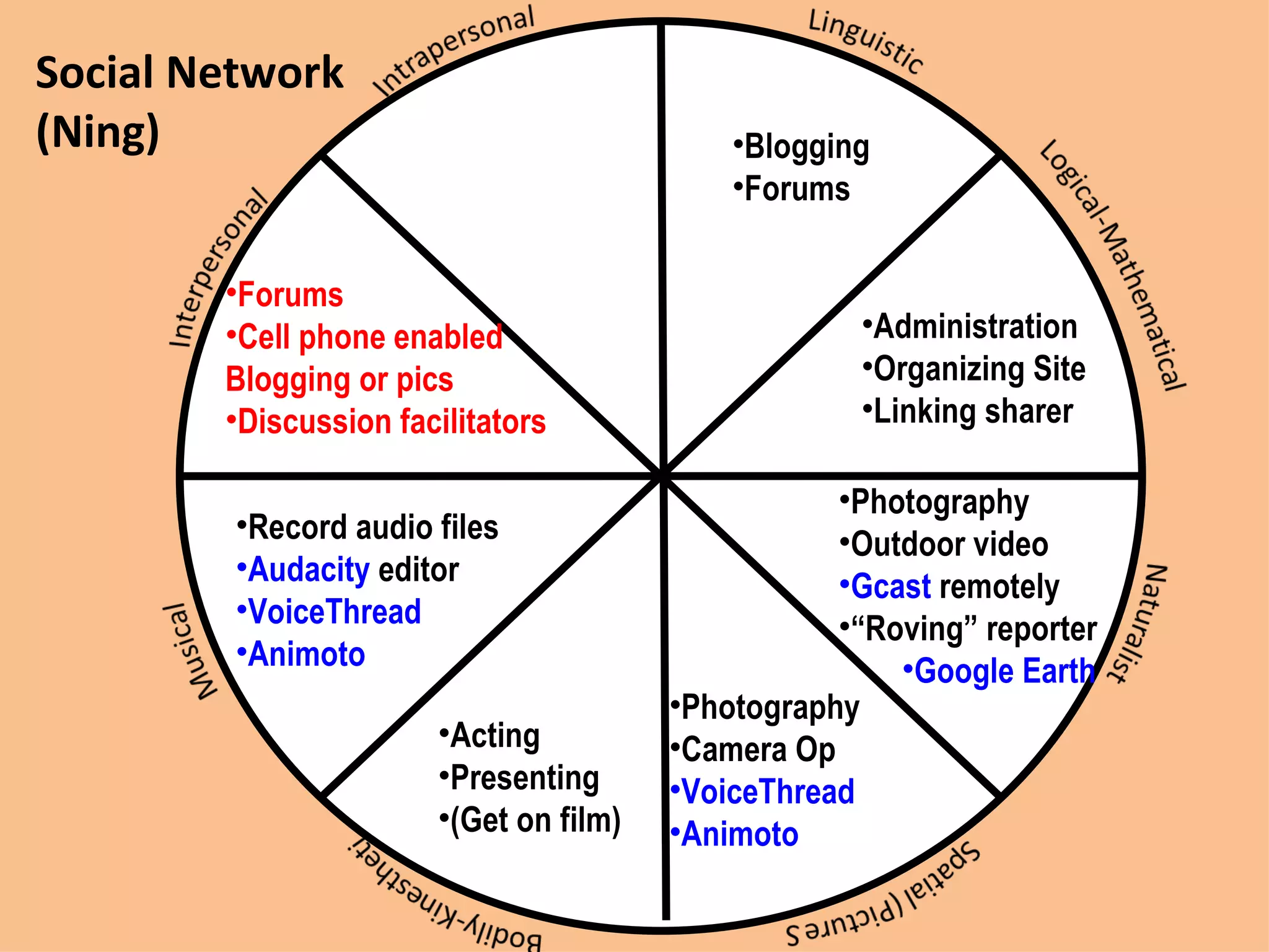 Social Network (Ning) Blogging Forums Administration Organizing Site Linking sharer Acting Presenting (Get on film) Photography Camera Op VoiceThread Animoto Record audio files Audacity  editor VoiceThread Animoto Photography Outdoor video Gcast  remotely “ Roving” reporter Google Earth Forums Cell phone enabled  Blogging or pics Discussion facilitators 