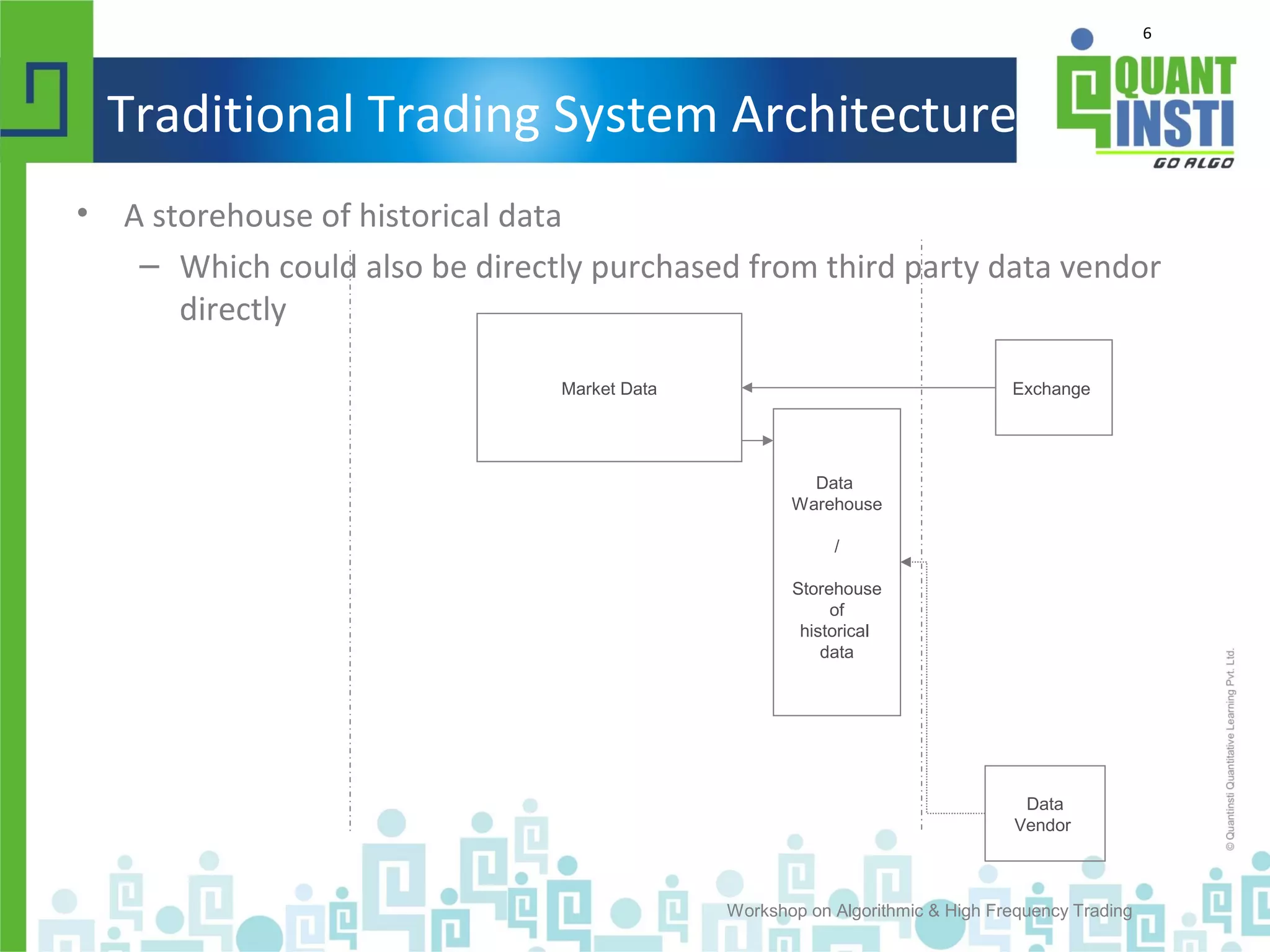 6
Traditional Trading System Architecture
• A storehouse of historical data
– Which could also be directly purchased from third party data vendor
directly
Workshop on Algorithmic & High Frequency Trading
Market Data Exchange
Data
Warehouse
/
Storehouse
of
historical
data
Data
Vendor
 