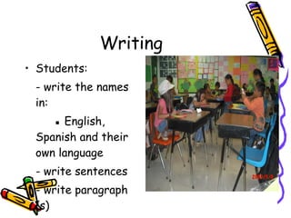 Writing Students: - write the names in: ▪  English, Spanish and their own language - write sentences - write paragraph (s) 