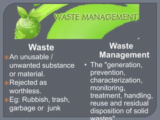 Waste 
An unusable / 
unwanted substance 
or material. 
Rejected as 
worthless. 
Eg: Rubbish, trash, 
garbage or junk 
Waste 
Management 
• The "generation, 
prevention, 
characterization, 
monitoring, 
treatment, handling, 
reuse and residual 
disposition of solid 
wastes" 
 