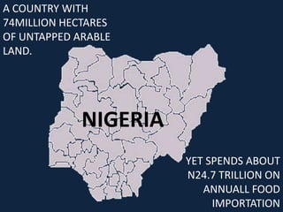 A COUNTRY WITH
74MILLION HECTARES
OF UNTAPPED ARABLE
LAND.




             NIGERIA
                       YET SPENDS ABOUT
                       N24.7 TRILLION ON
                          ANNUALL FOOD
                            IMPORTATION
 