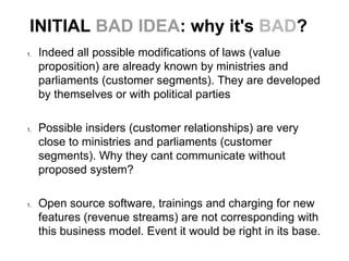 INITIAL BAD IDEA: why it's BAD?
1.   Indeed all possible modifications of laws (value
     proposition) are already known by ministries and
     parliaments (customer segments). They are developed
     by themselves or with political parties

1.   Possible insiders (customer relationships) are very
     close to ministries and parliaments (customer
     segments). Why they cant communicate without
     proposed system?

1.   Open source software, trainings and charging for new
     features (revenue streams) are not corresponding with
     this business model. Event it would be right in its base.
 