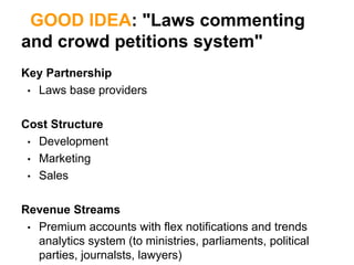 GOOD IDEA: "Laws commenting
and crowd petitions system"
Key Partnership
 • Laws base providers


Cost Structure
 • Development
 • Marketing
 • Sales


Revenue Streams
 • Premium accounts with flex notifications and trends
   analytics system (to ministries, parliaments, political
   parties, journalsts, lawyers)
 