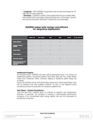 - Longevity – With SUNRGI’s proprietary heat removal technology the PV
cells have a longer useful life.
- Economy – SUNRGI’s system costs significantly less per installed Watt
than traditional PV technology. Expected advances in technology, maturity
and volume production will further increase this cost advantage.
SUNRGI makes solar energy cost-efficient
for ubiquitous deployment.
Intellectual Property:
As indicated above, SUNRGI has been taking appropriate steps in to protect its
intellectual property. Provisional patents have been filed with the United States
Patent and Trademark Office. Activities relating to additional patent filings are
on-going.
Due to the sensitive nature of the technology referenced in these patent filings, they
will be reviewed only with qualified investors’ as part of due diligence being
conducted pursuant to executed non-disclosure agreements.
Next Steps – System Simulations:
Over the near term SUNRGI plans to continue its research and development
activities. In particular, the company is creating a demonstrable performance
simulation of its concentrated solar energy system that can be showcased to
prospective customers.
PROVEN TECHNOLOGY
RENEWABLE “NO WASTE”
DERIVATIVE
SOCIALLY POPULAR
OFF-GRID CAPABILITY
SUPPLY CHAIN EFFICIENCY
CAPITAL COSTS ASSOCIATED WITH
INFRASTRUCTURE AND / OR
LAND MASS
SUNRGI: HCPV SOLAR THERMAL WIND HYDRO NUCLEAR OIL, GAS, COAL-FIRED
x
x
x
x
x
x
x
x
x
x
x
x
x
x
x
x
x
x
x
x
x
x
x
April, 2011, Rev. B
© Solargy India 2011
This Document Contains Solargy Proprietary Information
All rights reserved
EXECUTIVE SUMMARY
Page 8 of 9
 