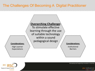 The Challenges Of Becoming A Digital Practitioner
Overarching Challenge:
To stimulate effective
learning through the use
of suitable technology
within a sound
pedagogical design
Considerations:
High Learner
Expectations
Considerations:
Institutional
Barriers
 