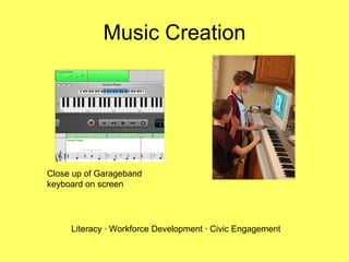 Music Creation Literacy · Workforce Development · Civic Engagement Close up of Garageband keyboard on screen 