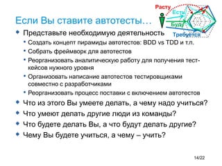  Представьте необходимую деятельность
• Создать концепт пирамиды автотестов: BDD vs TDD и т.п.
• Собрать фреймворк для автотестов
• Реорганизовать аналитическую работу для получения тест-
кейсов нужного уровня
• Организовать написание автотестов тестировщиками
совместно с разработчиками
• Реорганизовать процесс поставки с включением автотестов
 Что из этого Вы умеете делать, а чему надо учиться?
 Что умеют делать другие люди из команды?
 Что будете делать Вы, а что будут делать другие?
 Чему Вы будете учиться, а чему – учить?
Если Вы ставите автотесты…
Расту
Есть
Требуется
Буду
14/22
 