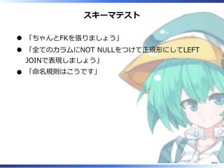 スキーマテスト
「ちゃんとFKを張りましょう」
「全てのカラムにNOT NULLをつけて正規形にしてLEFT
JOINで表現しましょう」
「命名規則はこうです」
39/63
 