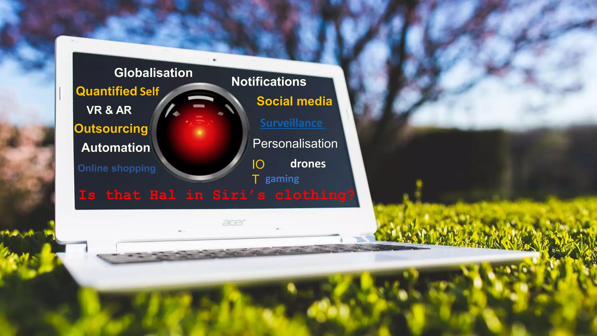 Is that Hal in Siri’s clothing?
Personalisation
Outsourcing
Automation
Globalisation
Online shopping
VR & AR
Quantified Self
Notifications
drones
Surveillance
Social media
IO
T gaming
 