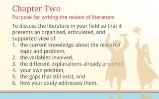 Chapter Two
To discuss the literature in your field so that it
presents an organized, articulated, and
supported view of:
1. the current knowledge about the research
topic and problem,
2. the variables involved,
3. the different explanations already provided,
4. your own position,
5. the gaps that still exist, and
6. how your study addresses them.
Purpose for writing the review of literature
 