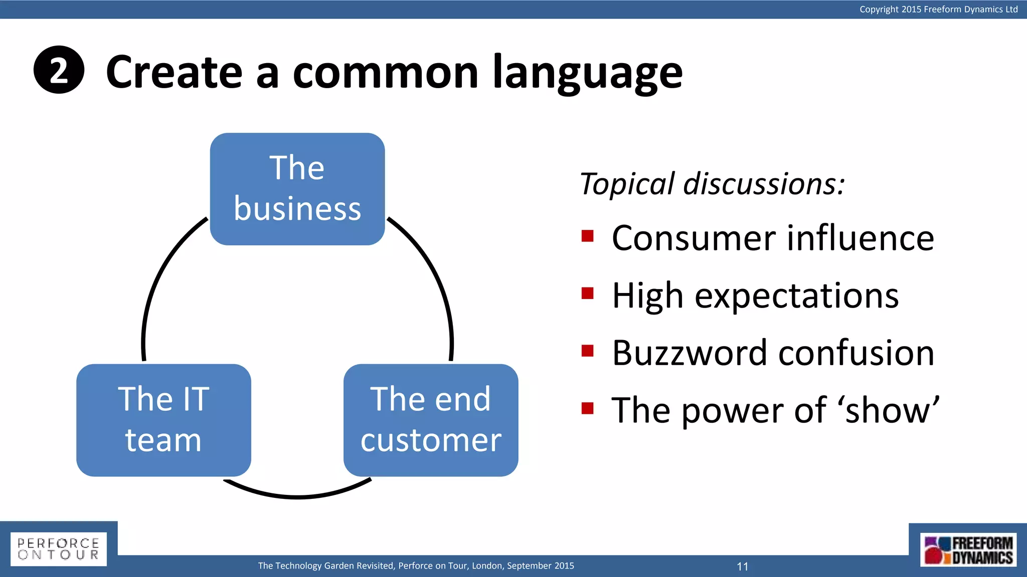 Copyright 2015 Freeform Dynamics Ltd
11The Technology Garden Revisited, Perforce on Tour, London, September 2015
Create a common language
The
business
The end
customer
The IT
team
Topical discussions:
 Consumer influence
 High expectations
 Buzzword confusion
 The power of ‘show’
2
 