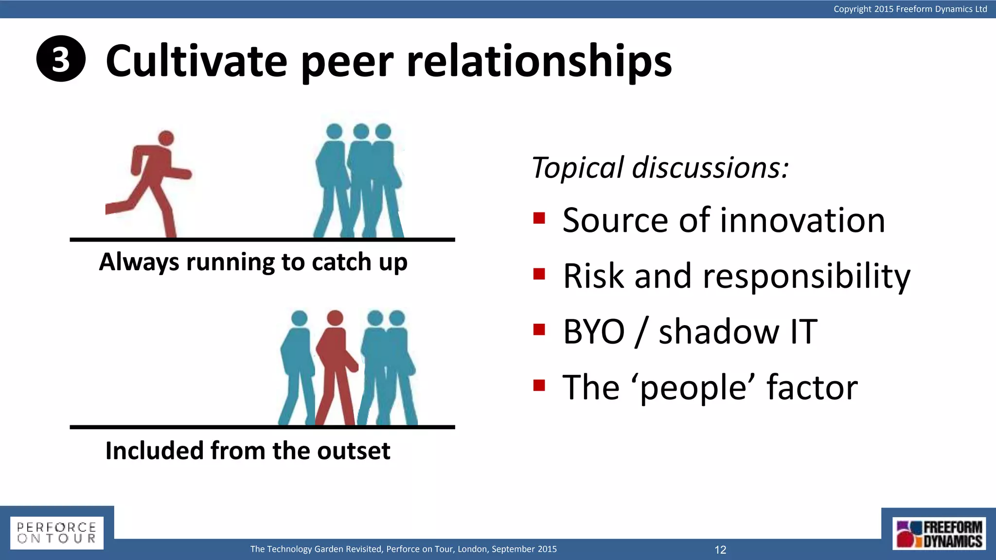 Copyright 2015 Freeform Dynamics Ltd
12The Technology Garden Revisited, Perforce on Tour, London, September 2015
Cultivate peer relationships
Topical discussions:
 Source of innovation
 Risk and responsibility
 BYO / shadow IT
 The ‘people’ factor
Always running to catch up
Included from the outset
3
 