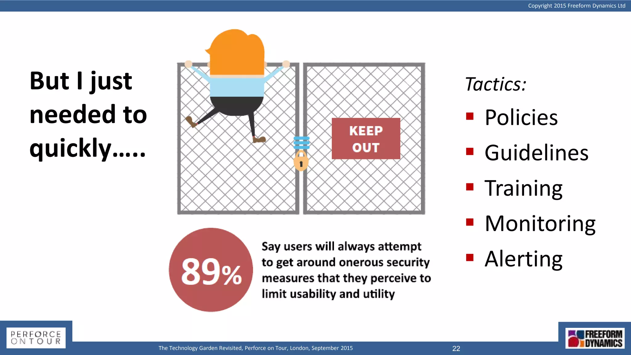 Copyright 2015 Freeform Dynamics Ltd
22The Technology Garden Revisited, Perforce on Tour, London, September 2015
But I just
needed to
quickly…..
Tactics:
 Policies
 Guidelines
 Training
 Monitoring
 Alerting
 