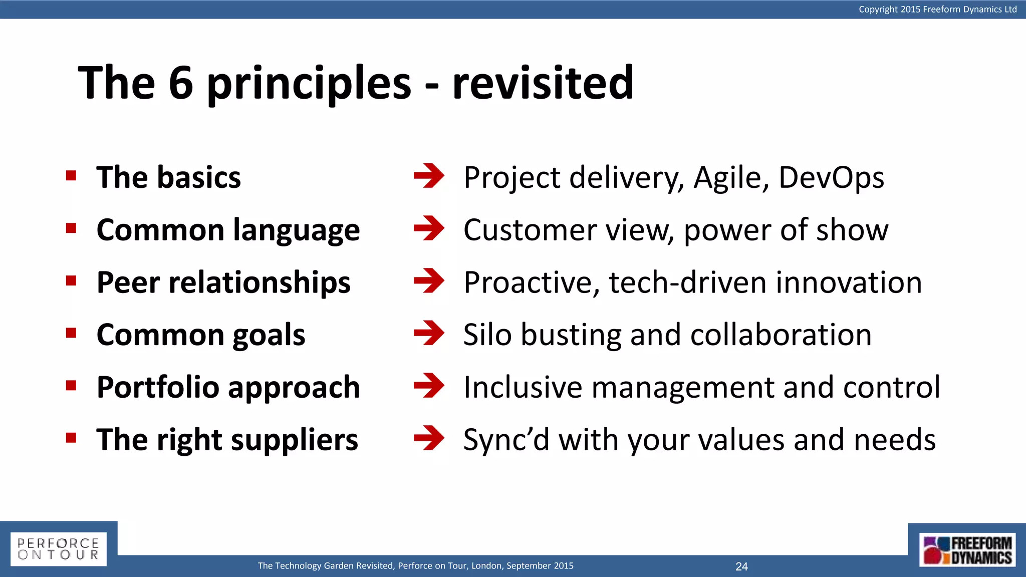 Copyright 2015 Freeform Dynamics Ltd
24The Technology Garden Revisited, Perforce on Tour, London, September 2015
The 6 principles - revisited
 The basics
 Common language
 Peer relationships
 Common goals
 Portfolio approach
 The right suppliers
 Project delivery, Agile, DevOps
 Customer view, power of show
 Proactive, tech-driven innovation
 Silo busting and collaboration
 Inclusive management and control
 Sync’d with your values and needs
 