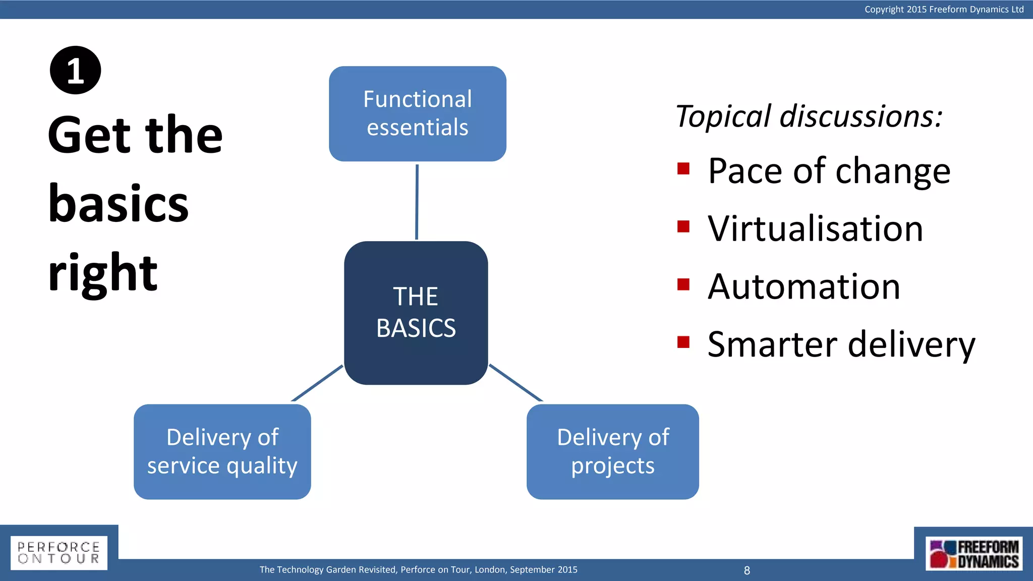 Copyright 2015 Freeform Dynamics Ltd
8The Technology Garden Revisited, Perforce on Tour, London, September 2015
THE
BASICS
Functional
essentials
Delivery of
projects
Delivery of
service quality
Get the
basics
right
Topical discussions:
 Pace of change
 Virtualisation
 Automation
 Smarter delivery
1
 