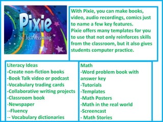 With Pixie, you can make books,
video, audio recordings, comics just
to name a few key features.
Pixie offers many templates for you
to use that not only reinforces skills
from the classroom, but it also gives
students computer practice.
Literacy Ideas
-Create non-fiction books
-Book Talk video or podcast
-Vocabulary trading cards
-Collaborative writing projects
-Classroom book
-Newspaper
--Fluency
-- Vocabulary dictionaries

Math
-Word problem book with
answer key
-Tutorials
-Templates
-Math Posters
-Math in the real world
-Screencast
- Math Stories

 