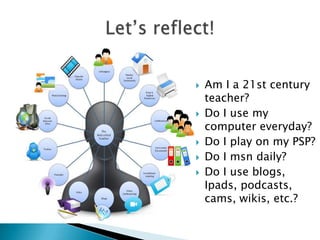  Am I a 21st century
teacher?
 Do I use my
computer everyday?
 Do I play on my PSP?
 Do I msn daily?
 Do I use blogs,
Ipads, podcasts,
cams, wikis, etc.?
 