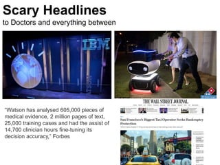 “Watson has analysed 605,000 pieces of
medical evidence, 2 million pages of text,
25,000 training cases and had the assist of
14,700 clinician hours fine-tuning its
decision accuracy,” Forbes
Scary Headlines
to Doctors and everything between
 