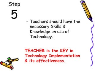 Step 5 Teachers should have the necessary Skills & Knowledge on use of Technology. TEACHER is the KEY in Technology Implementation & its effectiveness. 