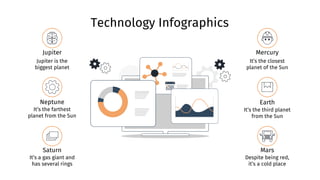 Technology Infographics
Jupiter
Jupiter is the
biggest planet
Neptune
It’s the farthest
planet from the Sun
Saturn
It’s a gas giant and
has several rings
Mercury
It’s the closest
planet of the Sun
Earth
It’s the third planet
from the Sun
Mars
Despite being red,
it’s a cold place
 